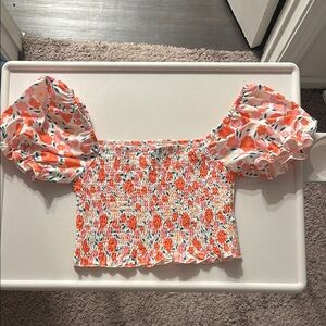 SHEIN Orange and White Puff Sleeve Crop Blouse